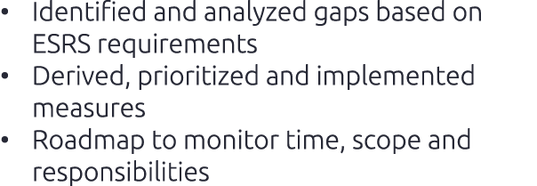 • Identified and analyzed gaps based on ESRS requirements • Derived, prioritized and implemented measures • Roadmap t...
