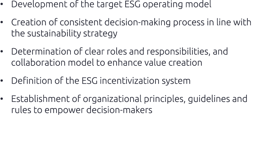 • Development of the target ESG operating model • Creation of consistent decision making process in line with the sus...