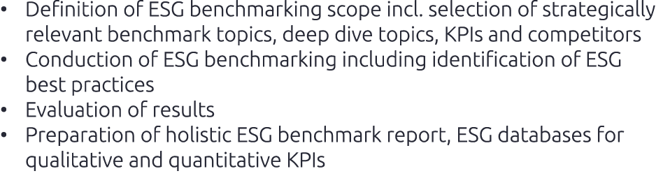 • Definition of ESG benchmarking scope incl. selection of strategically relevant benchmark topics, deep dive topics, ...