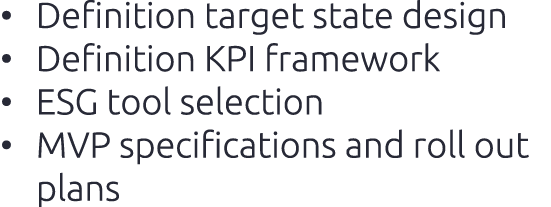 • Definition target state design • Definition KPI framework • ESG tool selection • MVP specifications and roll out plans