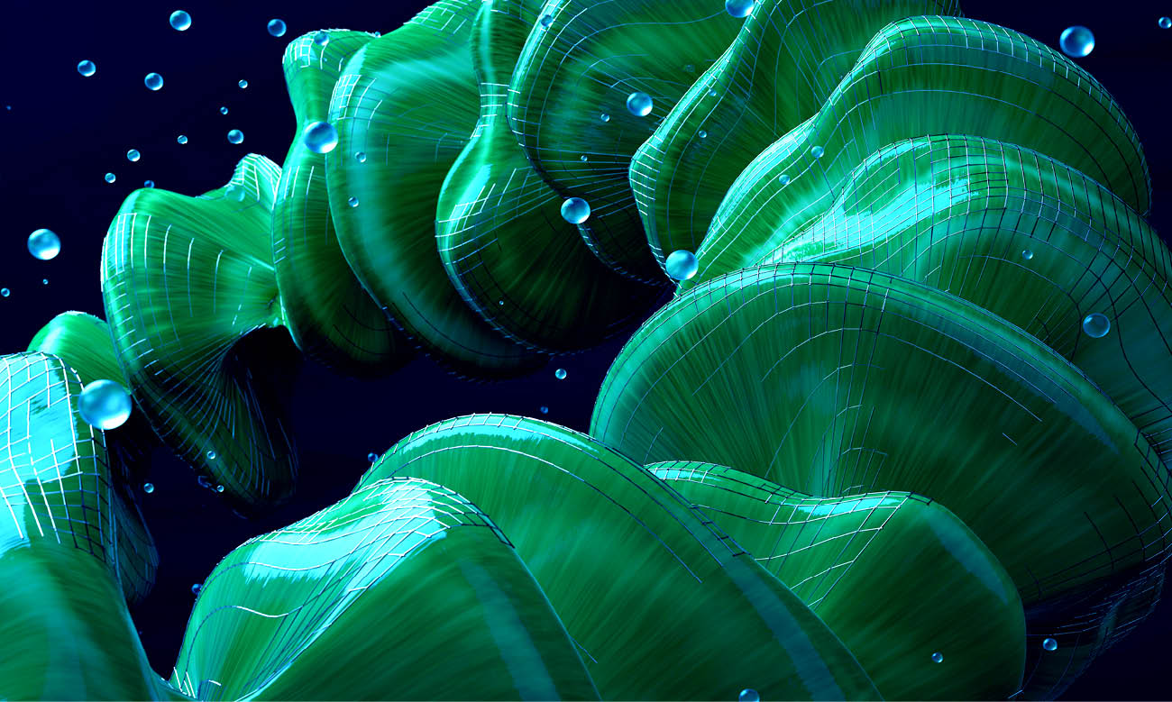 Digital generated image of rippled circular green shape with water drops around it against black background.