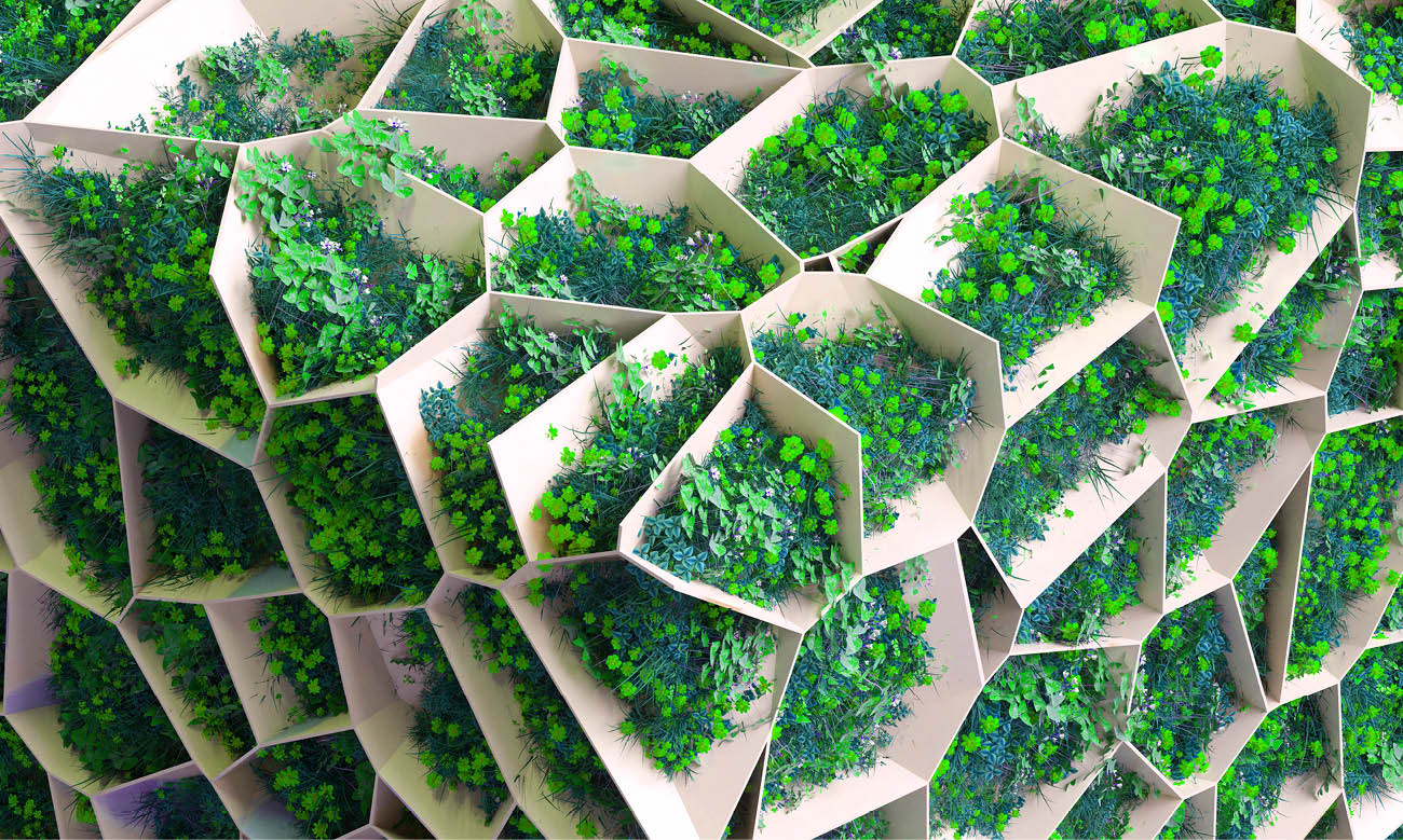 Digital generated image of white organic cell structured cube with flowers growing on it. Sustainability concept.