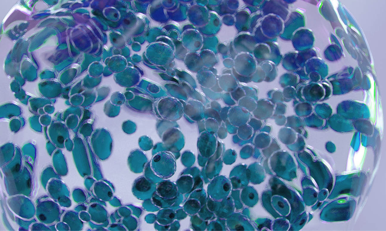 Digital generated image of green drops of liquid or hydrogen molecules inside transparent sphere.