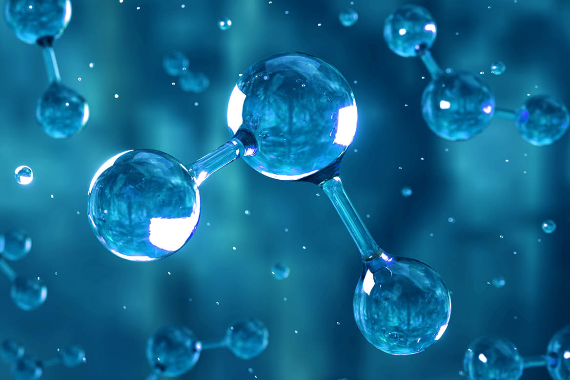 Digital generated image of H2 hydrogen molecule made out of liquid on green background.