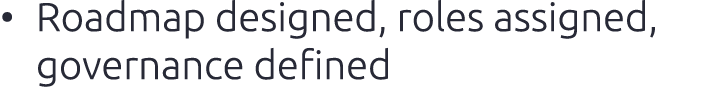 • Roadmap designed, roles assigned, governance defined