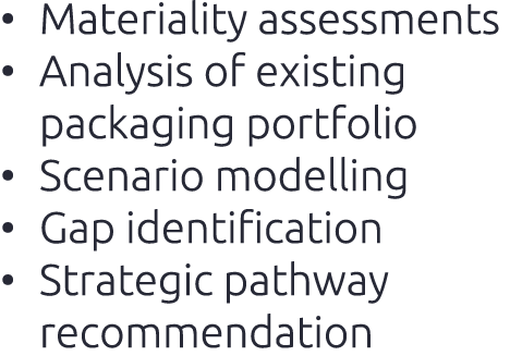 • Materiality assessments​ • Analysis of existing packaging portfolio​ • Scenario modelling​ • Gap identification​ • ...