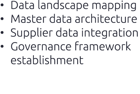 • Data landscape mapping​ • Master data architecture​ • Supplier data integration​ • Governance framework establishment
