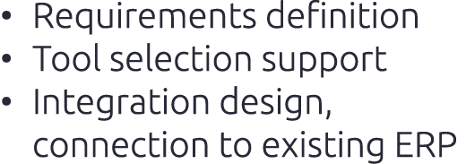 • Requirements definition​ • Tool selection support​ • Integration design, connection to existing ERP
