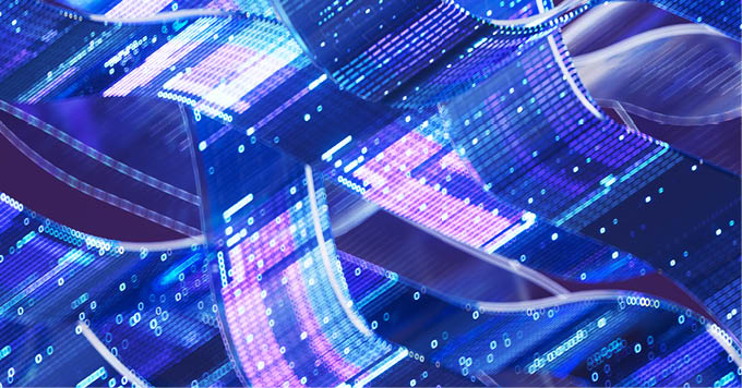 Abstract representation of dynamic digital data streams in vibrant blue and purple hues, capturing artificial intelligence concepts with intricate patterns and complex technological networks