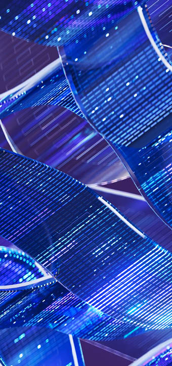 Abstract representation of dynamic digital data streams in vibrant blue and purple hues, capturing artificial intelligence concepts with intricate patterns and complex technological networks