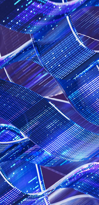 Abstract representation of dynamic digital data streams in vibrant blue and purple hues, capturing artificial intelligence concepts with intricate patterns and complex technological networks