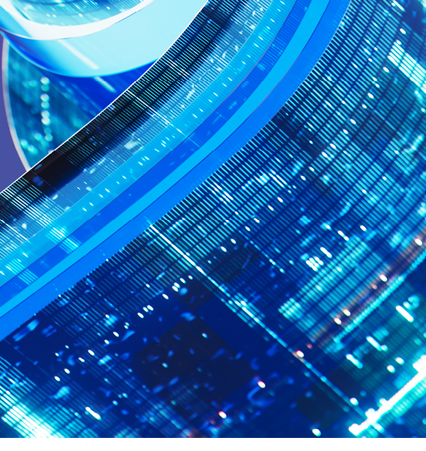 Data flowing through a futuristic structure with a swirling design against a blue background, representing the concept of information in motion