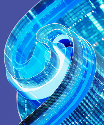 Data flowing through a futuristic structure with a swirling design against a blue background, representing the concept of information in motion