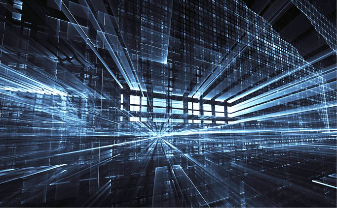 Abstract technological background - the image generated on the computer. Fractal art: a space of glass with light effects. The concept of Hi-tech or virtual reality.