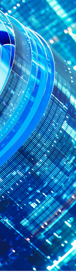 Data flowing through a futuristic structure with a swirling design against a blue background, representing the concept of information in motion