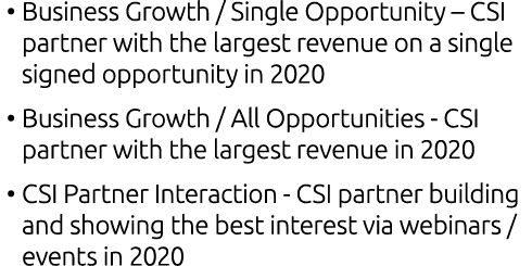 • Business Growth / Single Opportunity – CSI partner with the largest revenue on a single signed opportunity in 2020 ...