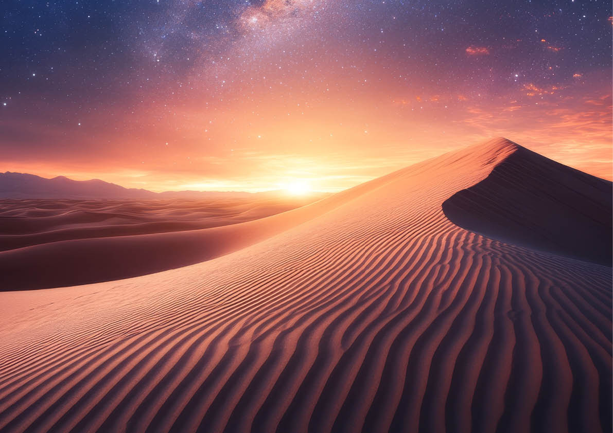 Sand dunes under sunset and mystical night sky with milky way.