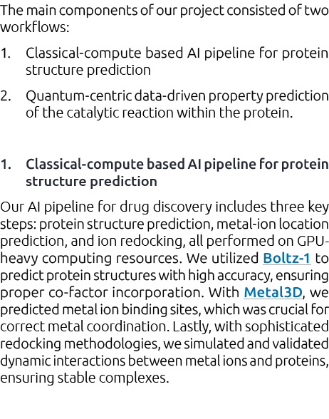 The main components of our project consisted of two workflows: 1. Classical compute based AI pipeline for protein str...