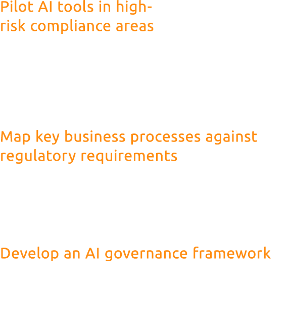 Pilot AI tools in high risk compliance areas Select one department and integrate an AI tool to automate compliance mo...