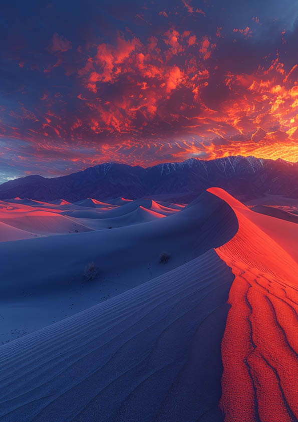 The vast expanse of a desert landscape with towering sand dunes under a fiery sunset --chaos 30 --ar 3:2 --style raw --stylize 750 Job ID: 7acf931d-2842-40fd-be20-1aaa80c0de82