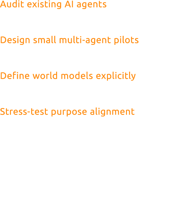 Audit existing AI agents for autonomy, agency, and authority levels. Design small multi agent pilots to explore coord...