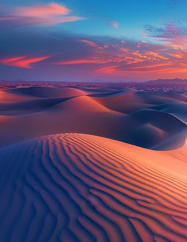 A beautiful sunset over a desert landscape with a few clouds in the sky. The sky is a mix of orange and pink hues, creating a warm and serene atmosphere