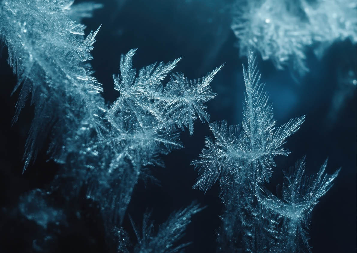 A close-up of frost crystals forming intricate patterns on a car windshield.