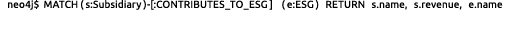 neo4j$ MATCH ( s:Subsidiary ) [:CONTRIBUTES_TO_ESG ] ( e:ESG ) RETURN s.name, s.revenue, e.name 