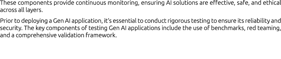 These components provide continuous monitoring, ensuring AI solutions are effective, safe, and ethical across all lay...