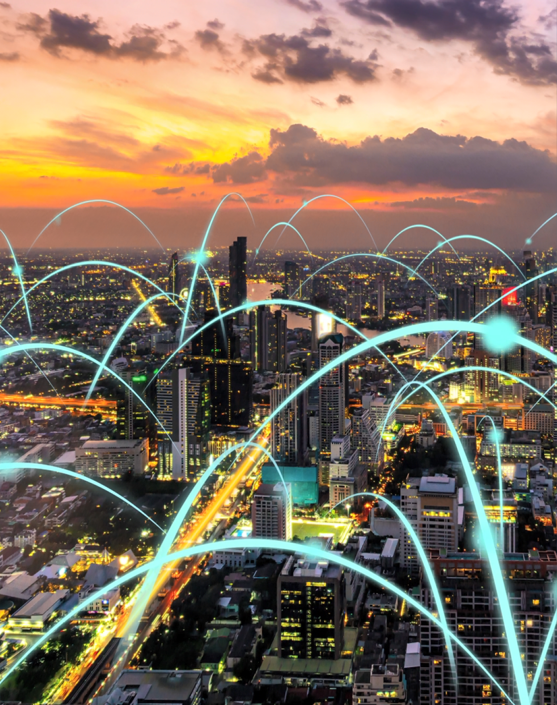 A cityscape at sunset with many blue lights. AI generated content