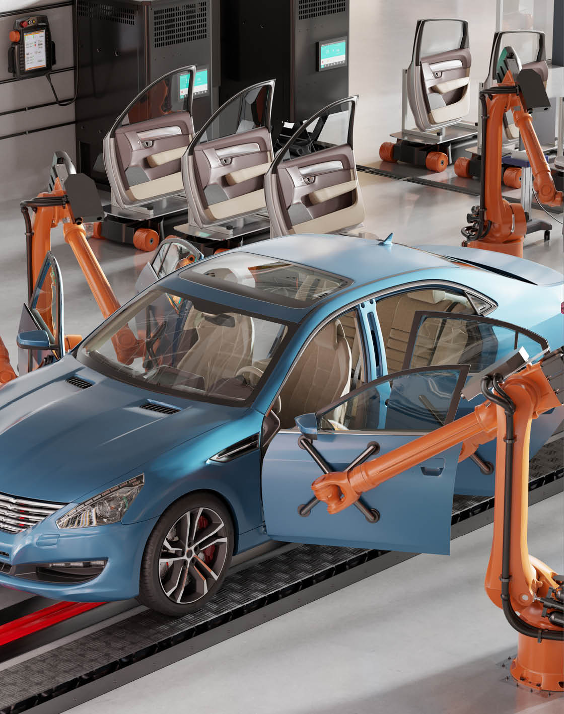 A blue car is being assembled on an assembly line, with a robotic arm reaching out to touch the vehicle. AI generated content