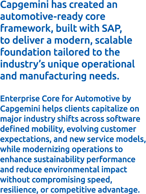 Capgemini has created an automotive‑ready core framework, built with SAP, to deliver a modern, scalable foundation ta...