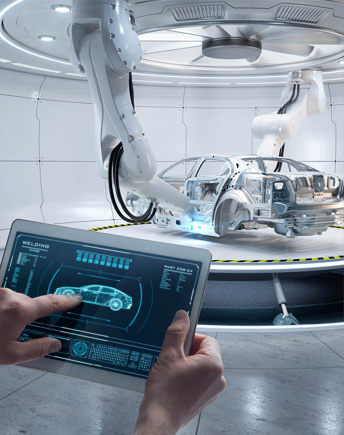 A person is holding a tablet computer in a room with a robotic arm and a car. AI generated content