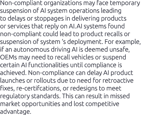 Non compliant organizations may face temporary suspension of AI system operations leading to delays or stoppages in d...