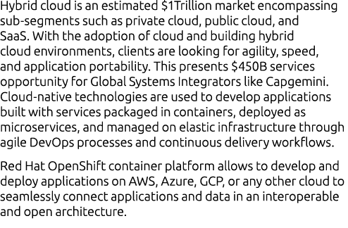 Hybrid cloud is an estimated  1Trillion market encompassing sub-segments such as private cloud, public cloud, and Saa   