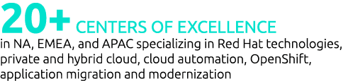 20+ Centers of Excellence in NA, EMEA, and APAC specializing in Red Hat technologies, private and hybrid cloud, cloud   