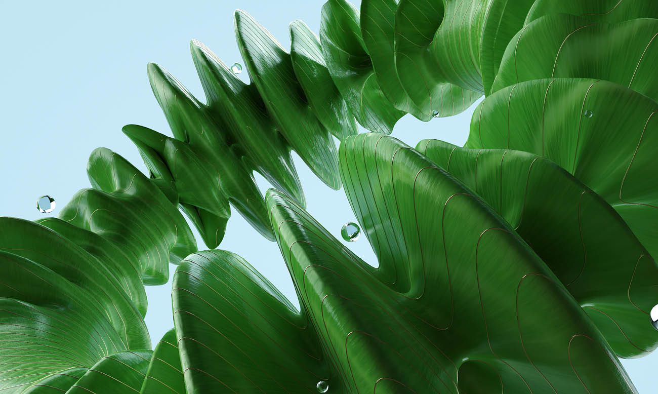 Digital generated image of torus made out of wood with turbulence rings distorting shape and green moss and grass growing along the shape. Sustainability data concept.