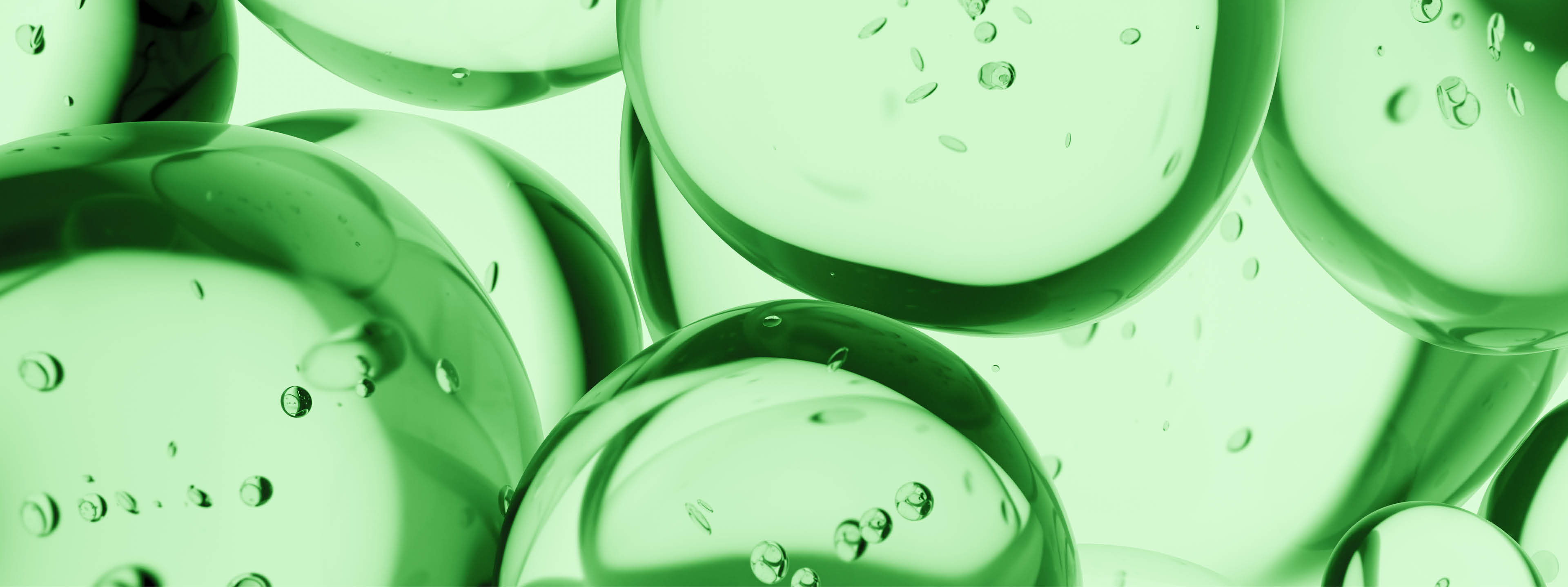 Green molecules, water drops. 3D liquid bubbles pattern. Beauty background. Healthcare and medicine. Close-up. Design element.