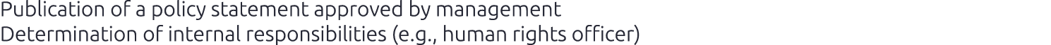 Publication of a policy statement approved by management Determination of internal responsibilities (e.g., human righ...