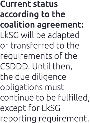 Current status according to the coalition agreement: LkSG will be adapted or transferred to the requirements of the C...