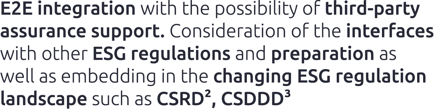 E2E integration with the possibility of third party assurance support. Consideration of the interfaces with other ESG...