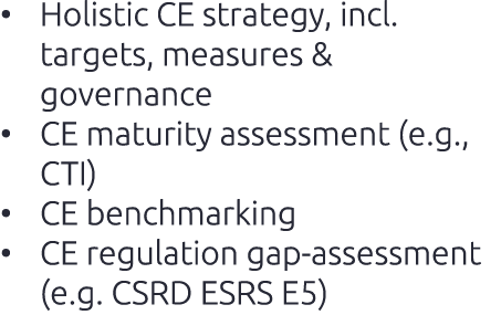 • Holistic CE strategy, incl. targets, measures & governance • CE maturity assessment (e.g., CTI) • CE benchmarking •...