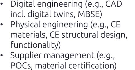 • Digital engineering (e.g., CAD incl. digital twins, MBSE) • Physical engineering (e.g., CE materials, CE structural...