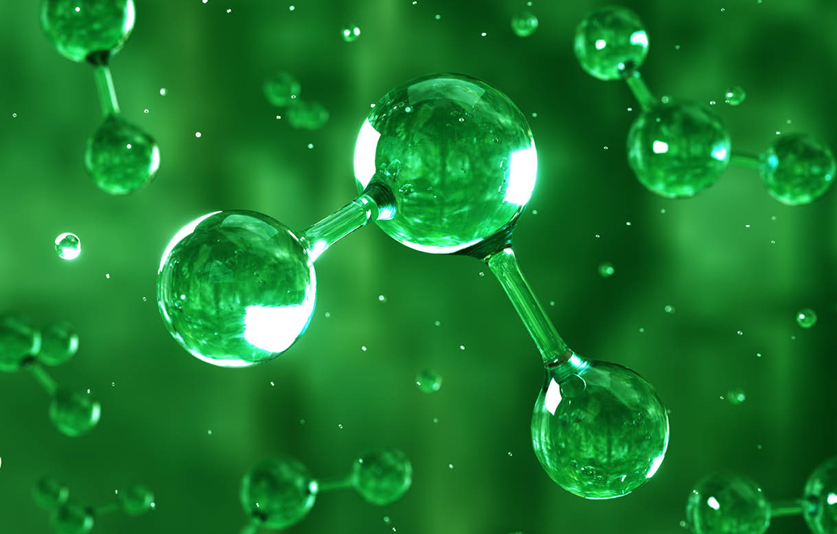 Digital generated image of H2 hydrogen molecule made out of liquid on green background.