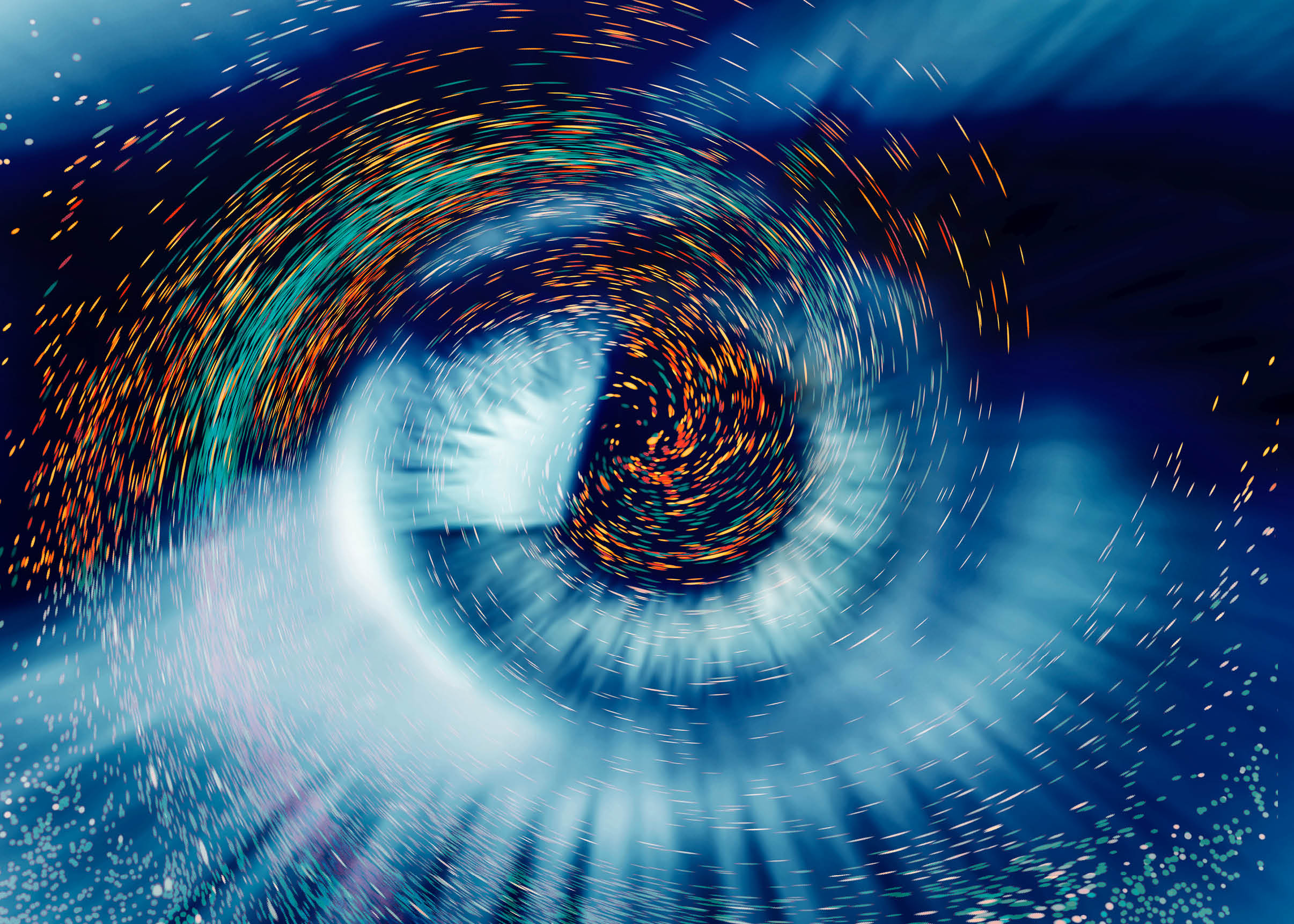Photograph of a human eye overlaid computer artwork of colourful particles, depicting fantasy, imagination, dreaming, physics, light or stars.