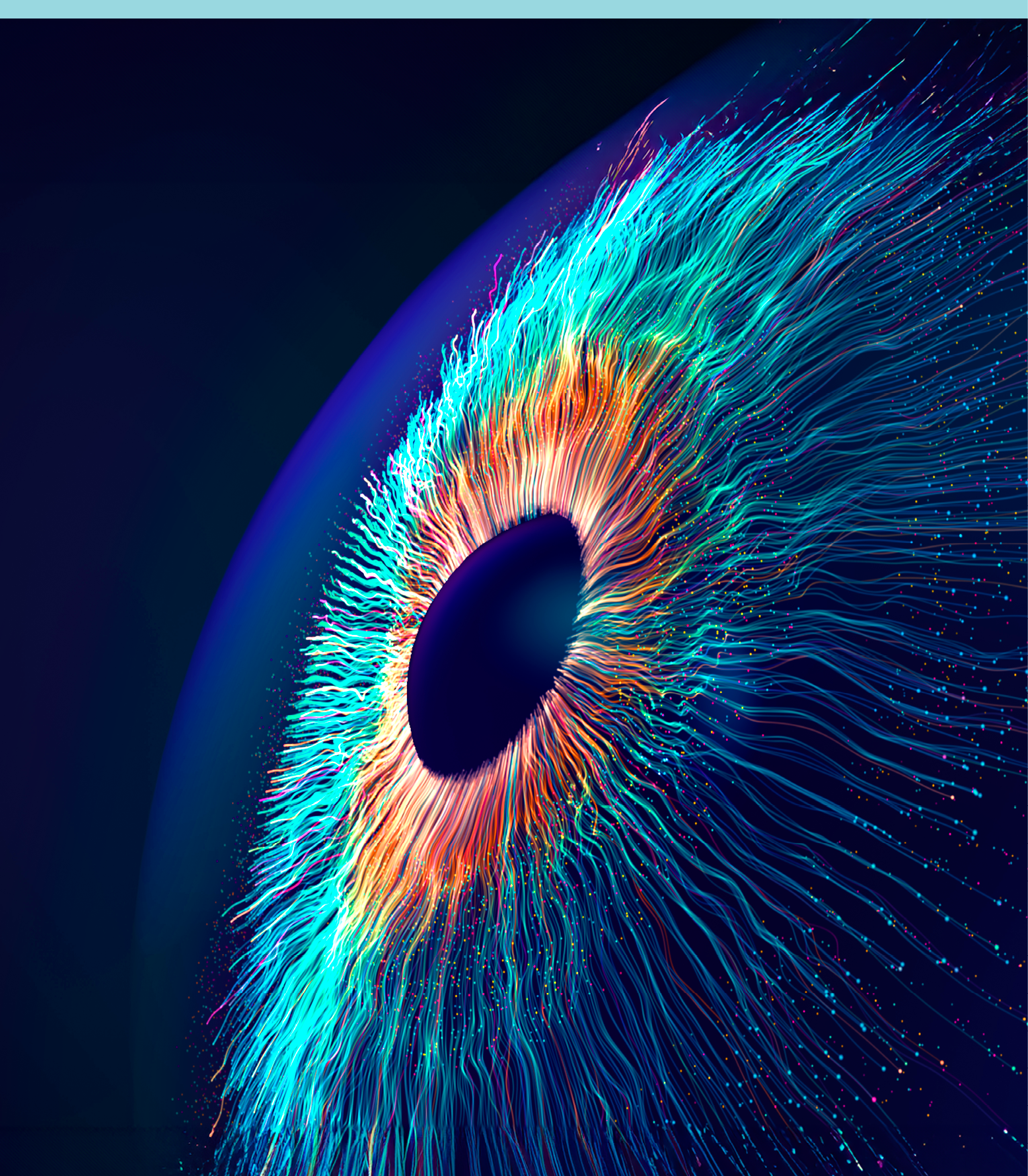 Digital generated image of multicolored particles forming eye shape against black background.